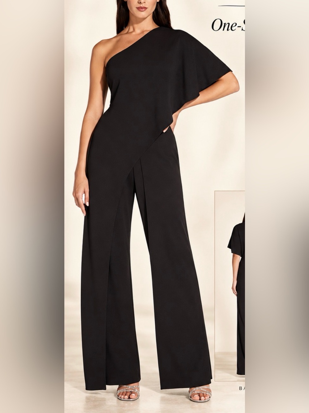 Adrianna Papell Black One-Shoulder Split Sleeve Jumpsuit – Size 8